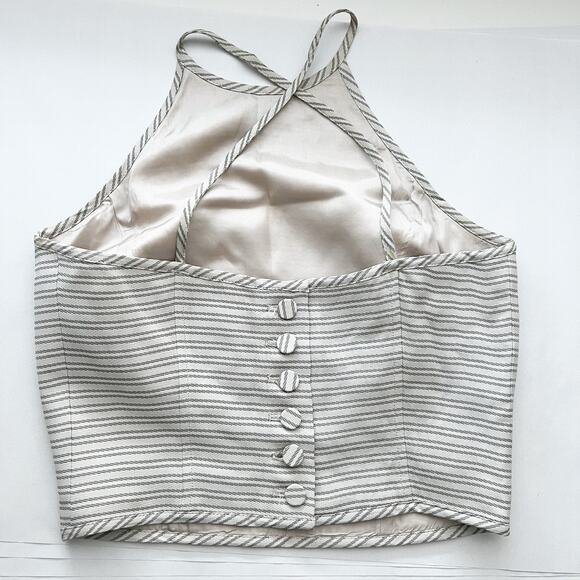 Vintage Emporio Armani Top Sz 38 XS Stripe Crop Cross Buttons 90's Halter Tan - Picture 11 of 11